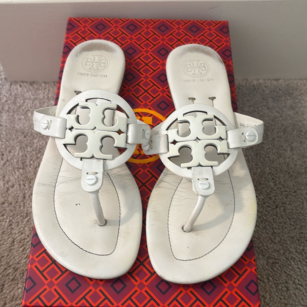 Tory Burch Miller 2 sandal- white size 6.5, coated logo- good condition!
